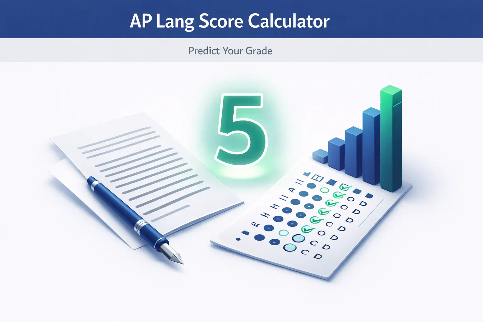 A 3D educational infographic showing the AP Lang Score Calculator with a perfect grade of 5 and a grading curve.