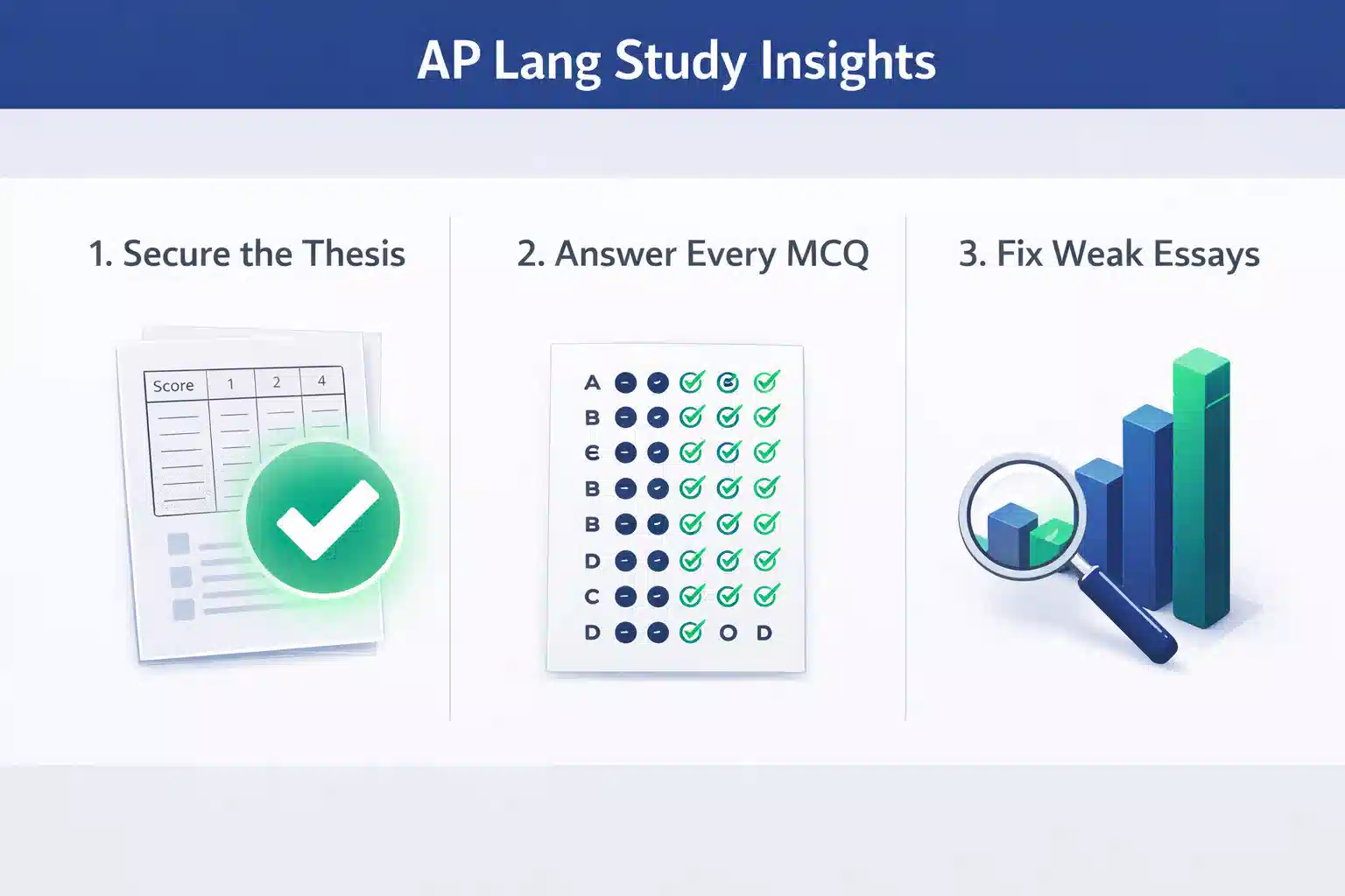 A 2D educational infographic detailing AP Lang Score Calculator study insights, including securing the thesis, answering every multiple-choice question, and fixing weak essays.