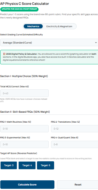 A screenshot of the interactive AP Physics C score calculator. The interface displays input fields for multiple-choice points and the four written questions. It also shows the toggle for Mechanics and Electricity and Magnetism.