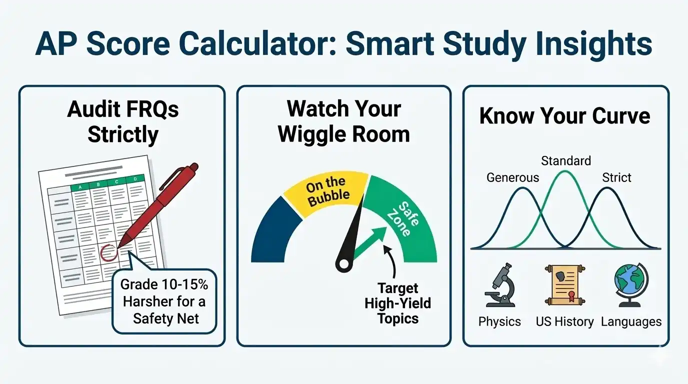 An educational infographic from 100calc.com showing three study insights for AP score calculators. It illustrates grading FRQs strictly, using the wiggle room analyzer, and understanding specific exam curves using 100calc brand colors.