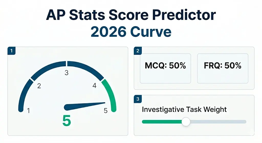 An educational infographic for the ap stats score calculator showing a 1 to 5 grading gauge, along with MCQ and FRQ section weights for the 2026 exam curve.