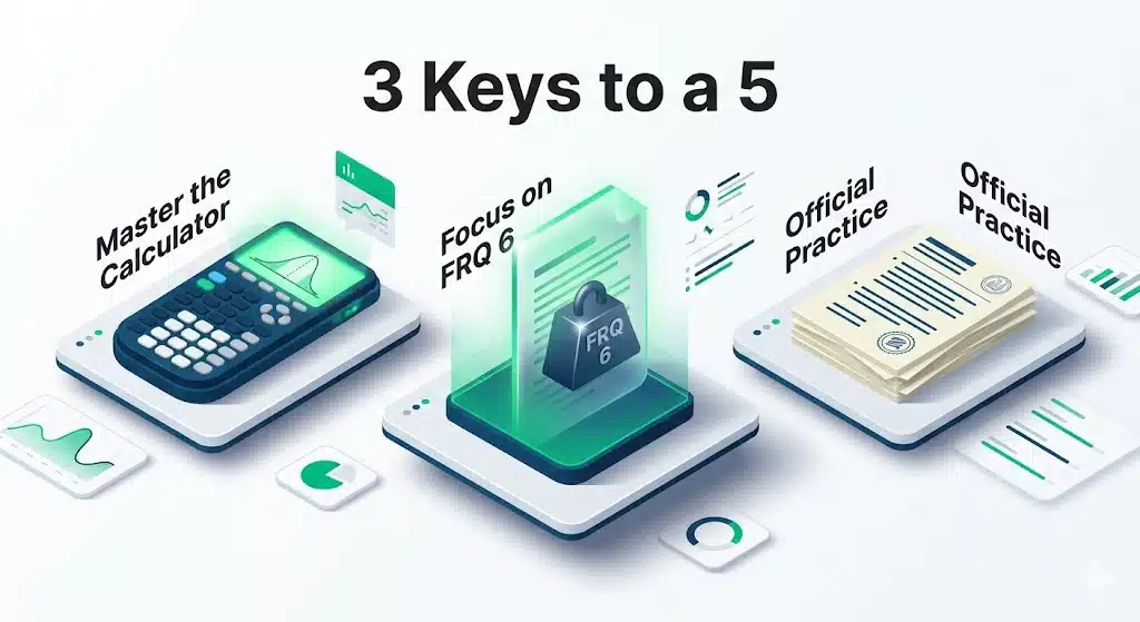 A 3D infographic illustrating study insights for the ap stats score calculator, highlighting the importance of FRQ 6, official practice tests, and graphing calculator policies.