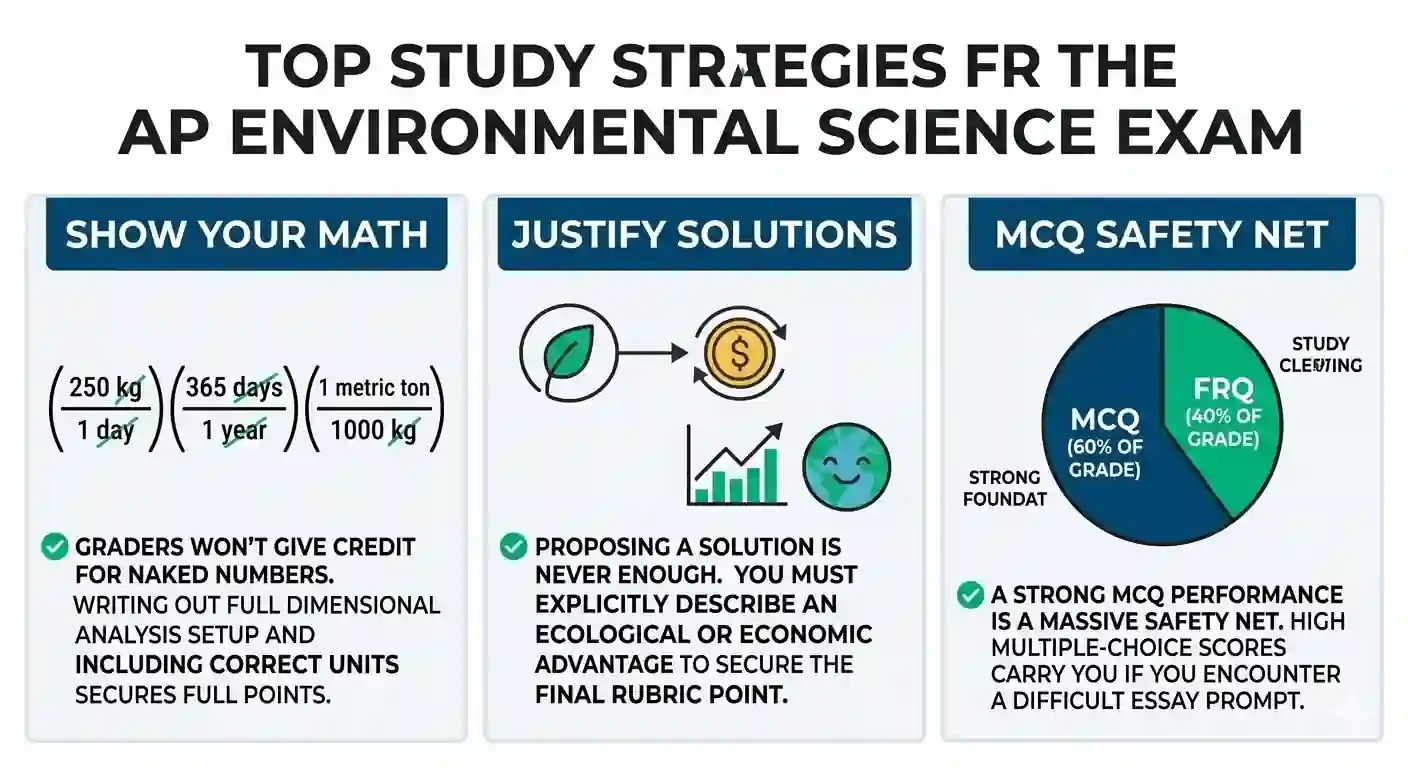 Educational infographic detailing top AP Environmental Science study strategies, including showing dimensional analysis math, justifying free response solutions, and maximizing the 60 percent multiple choice safety net.