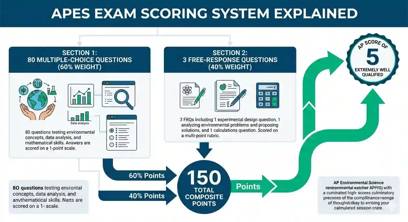 Educational infographic showing how the ap environmental science score calculator works by breaking down the 150 total composite points into multiple choice and free response sections.