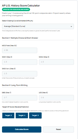 A screenshot of the APUSH score calculator interface showing the input fields for the multiple choice, short answer, and essay sections.