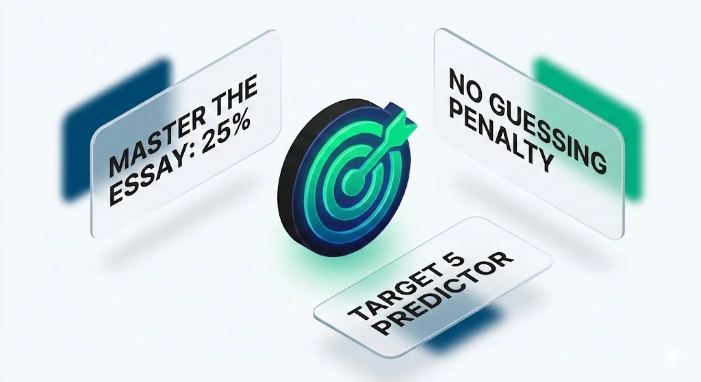A 3D educational infographic displaying APUSH score calculator study insights, including mastering the document essay, avoiding blank answers, and using the reverse predictor tool.
