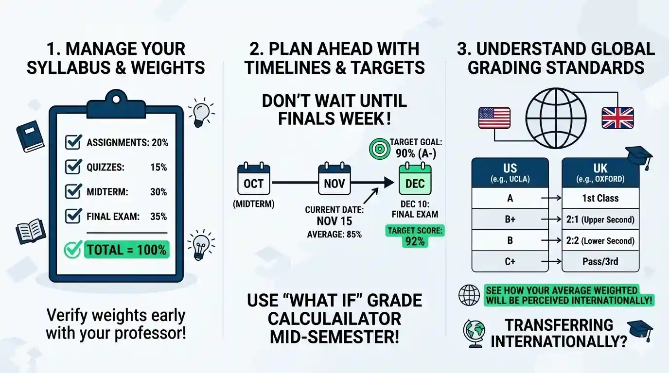 Educational infographic showing smart tips for using an average grade calculator to plan your semester and understand global grading scales.