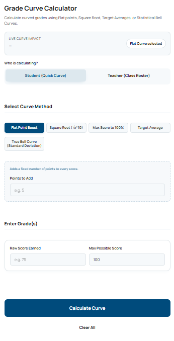The interactive user interface of the average grade calculator showing curve methods and student test scores.