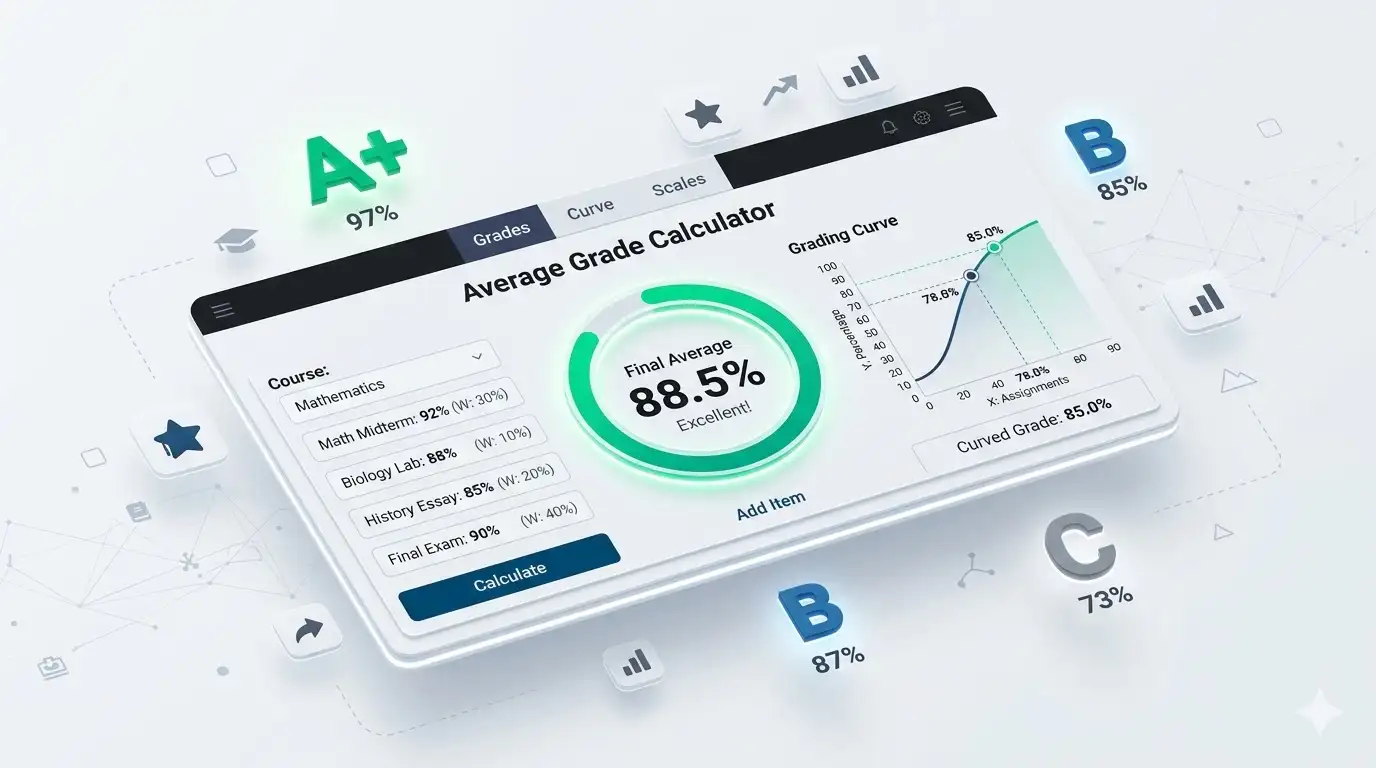 Average grade calculator dashboard infographic showing a green ring chart, grading curve graphs, and global letter grades by 100calc