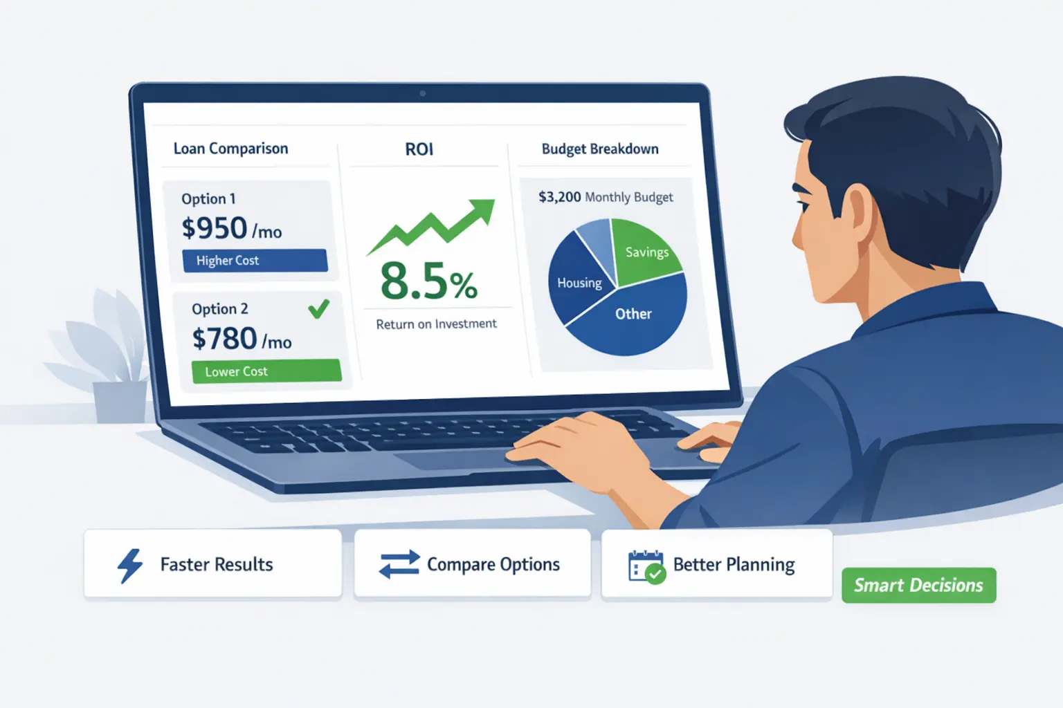 Benefits of finance calculators showing loan comparison and budgeting decisions on a laptop