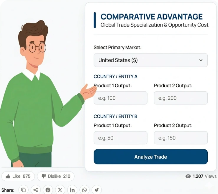 A professional 2D illustration of the Comparative Advantage Calculator on 100calc.com, showing a male mascot in a green sweater pointing to the global trade specialization and opportunity cost tool.