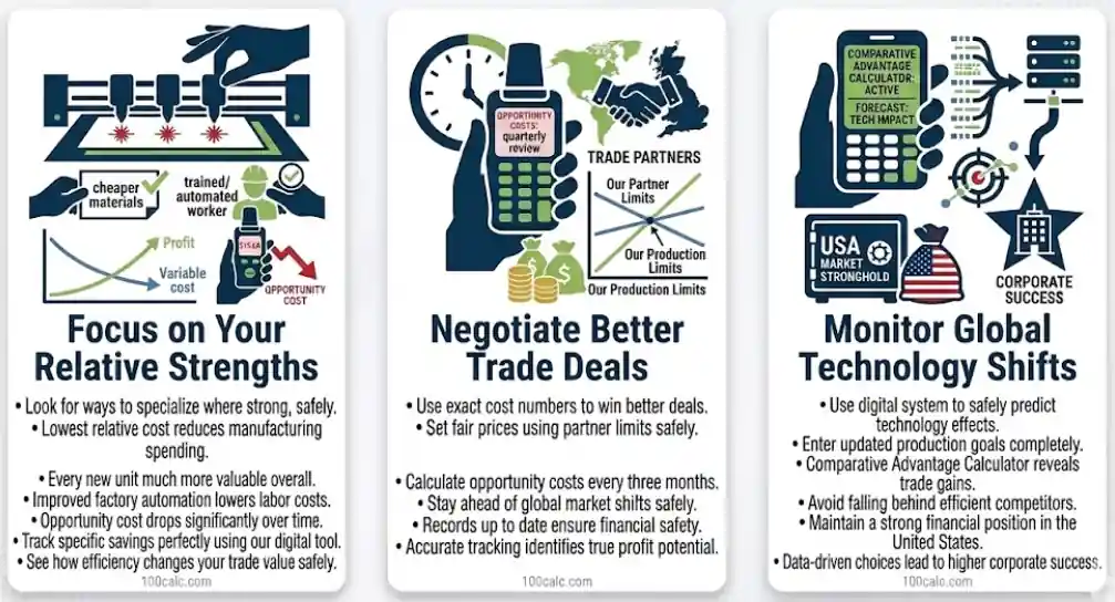 An infographic guide from 100calc.com outlining three steps for comparative advantage and trade strategy optimization.