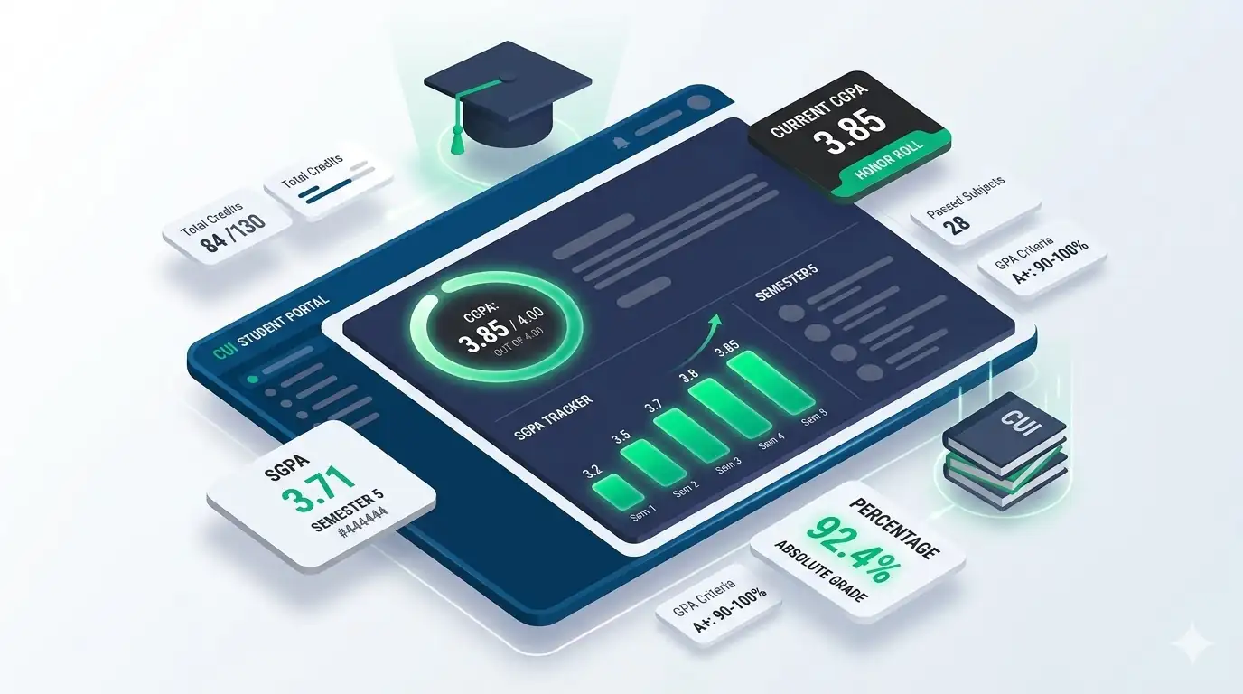 A visual representation of the COMSATS CGPA calculator showing absolute grading graphs, SGPA calculations, and percentage conversions.