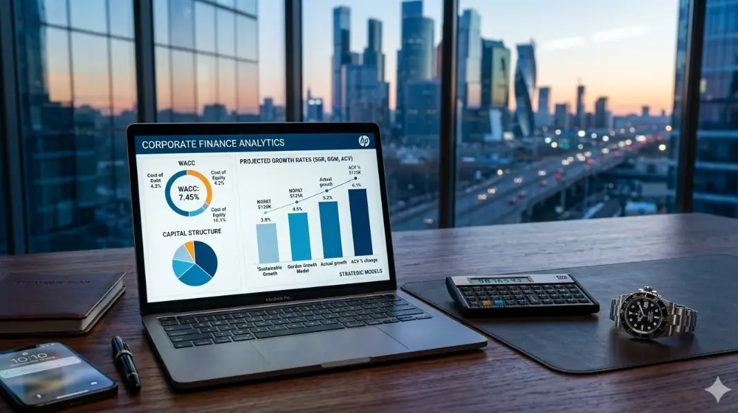 Professional corporate finance workstation with a laptop displaying a financial model dashboard, a premium scientific calculator, and a wristwatch on a wood desk.