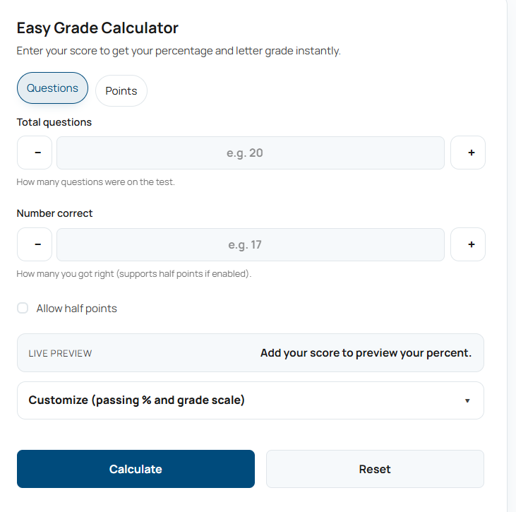 The easy grade calculator interface showing a final test percentage and a letter grade result.
