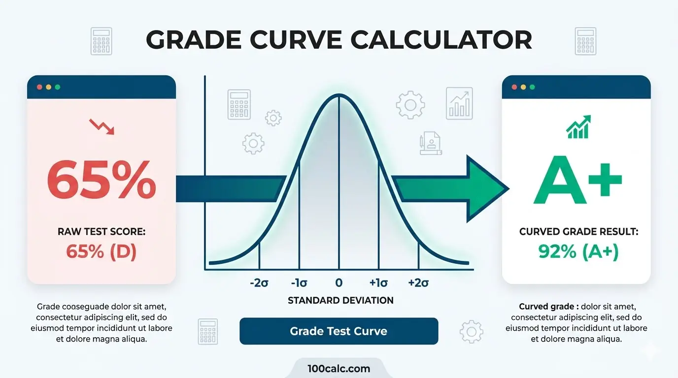 A modern grade curve calculator interface showing a bell curve graph that boosts student test scores.