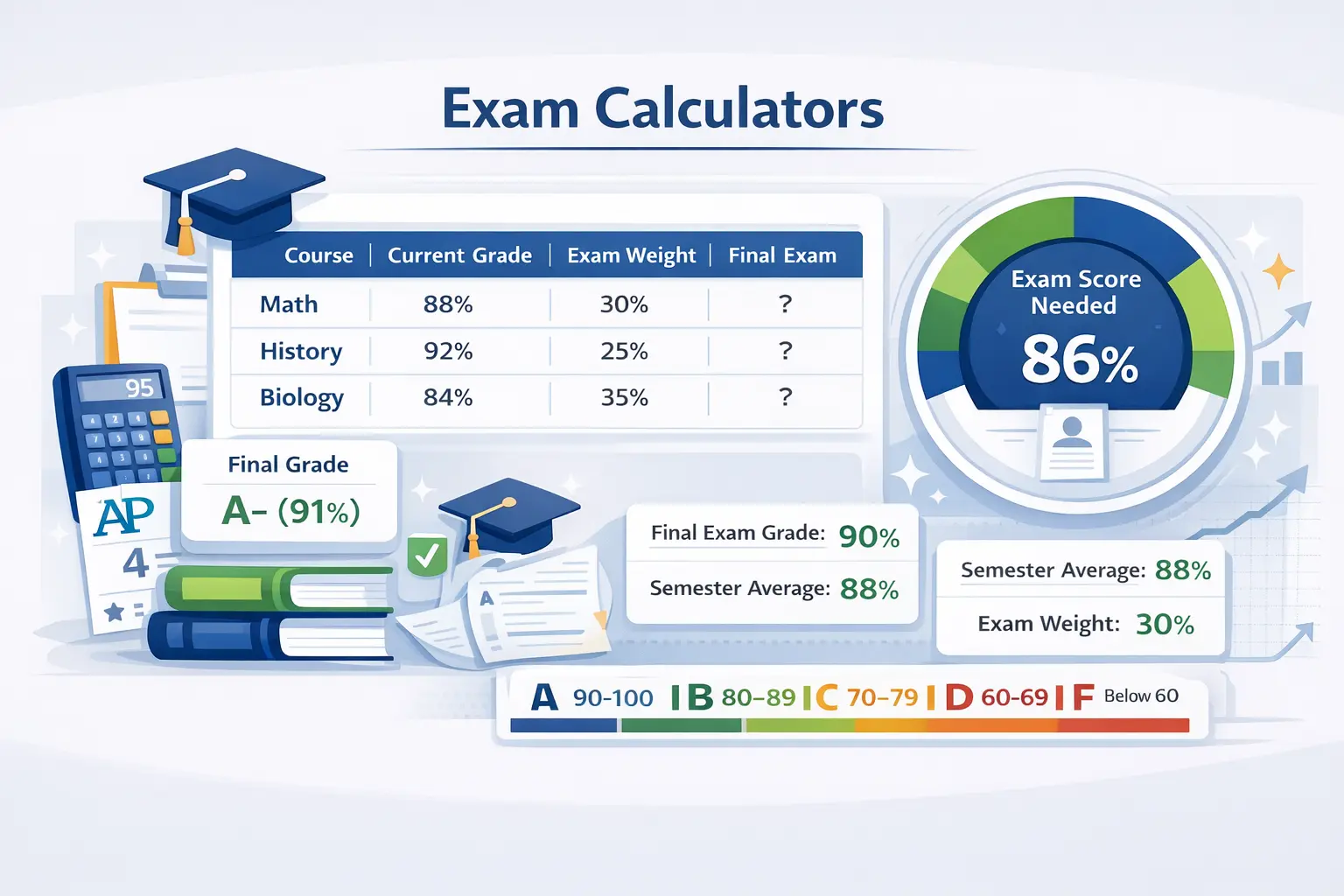 Exam calculators dashboard showing final exam calculator, exam grade calculator, and IB, AP exam score tools