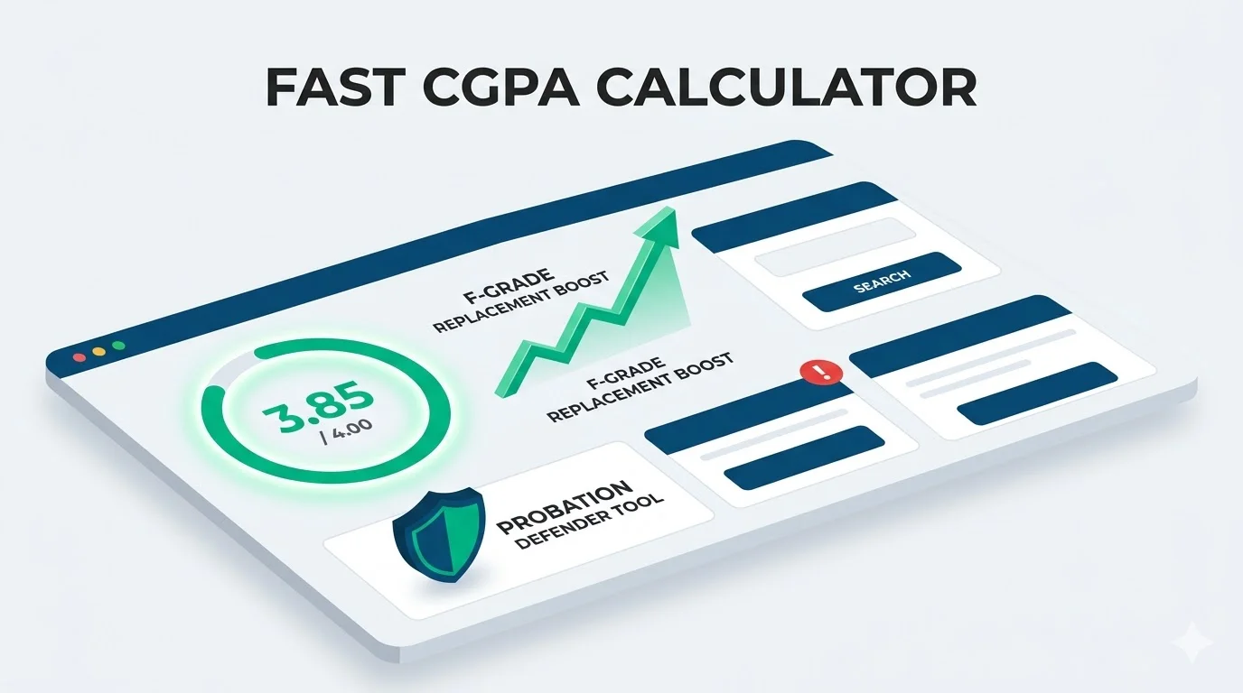 FAST CGPA calculator dashboard showing academic standing, quality points, and F-grade replacement graphs.