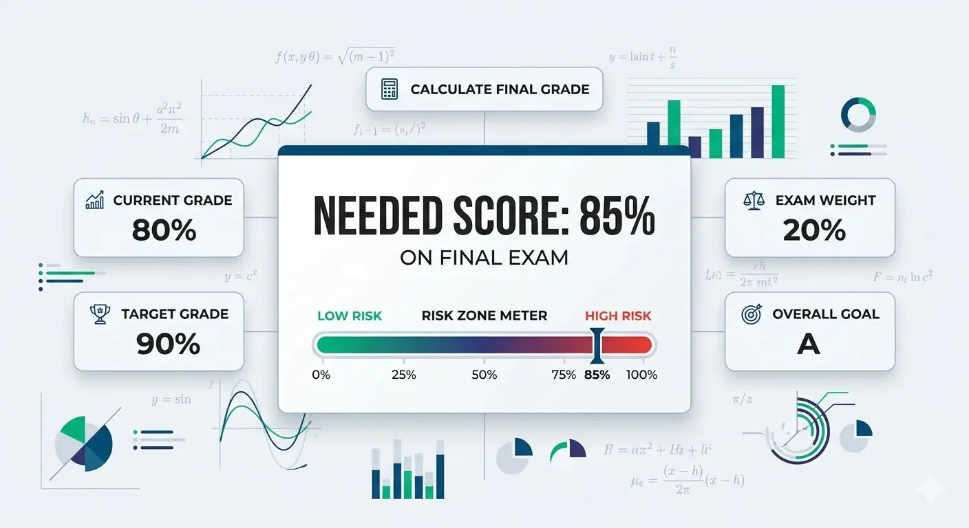 A digital dashboard of a final exam calculator. It displays an 85 percent needed score, a risk zone meter, current grade, and target grade inputs.