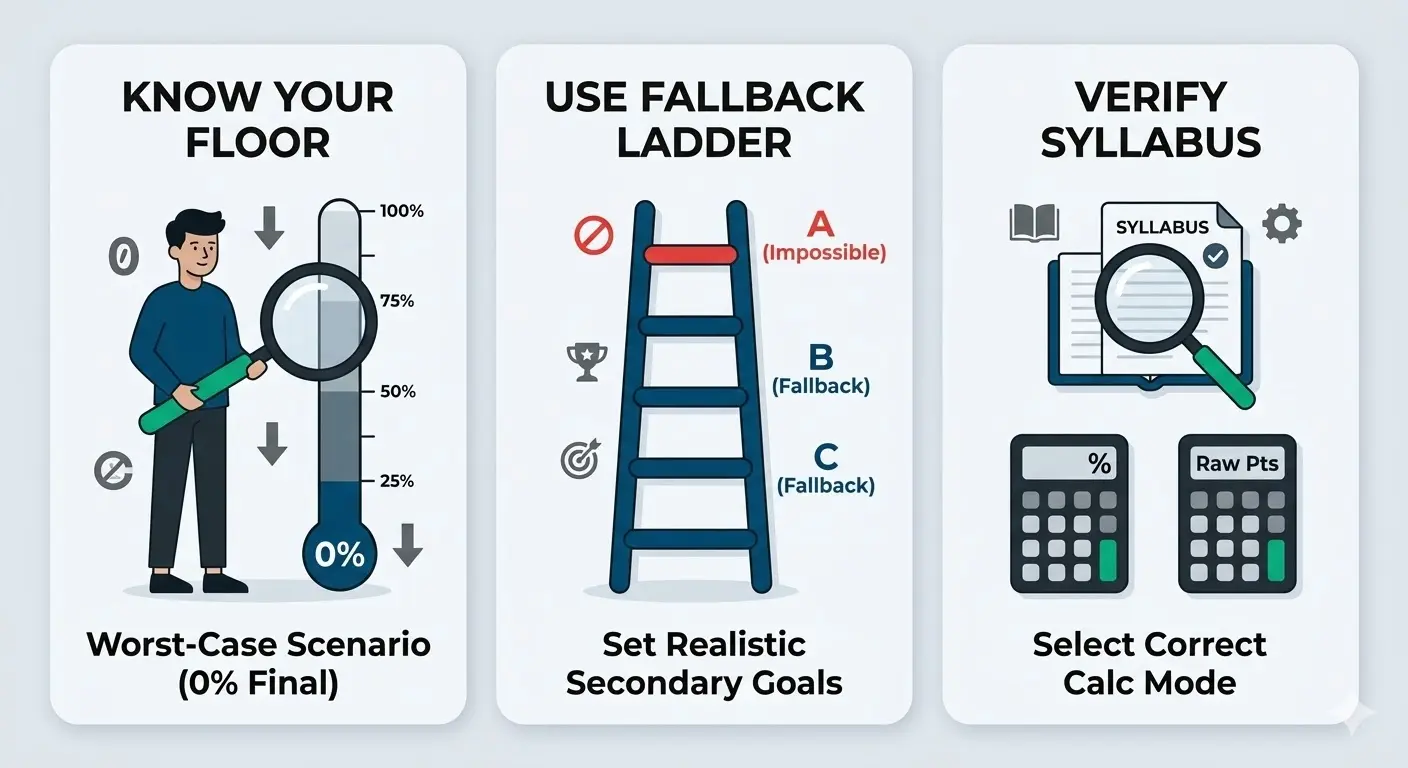 An educational infographic for the final exam calculator showing three smart study tips: know your floor grade, use a fallback ladder, and verify your syllabus mode.