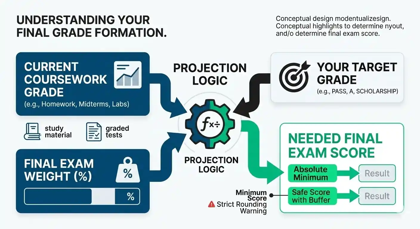A modern educational infographic of a Final Grade Calculator showing the current grade, final exam weight, and the exact needed score.