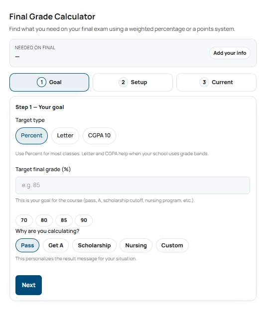 Final Grade Calculator interface showing inputs for target goals and current class scores.