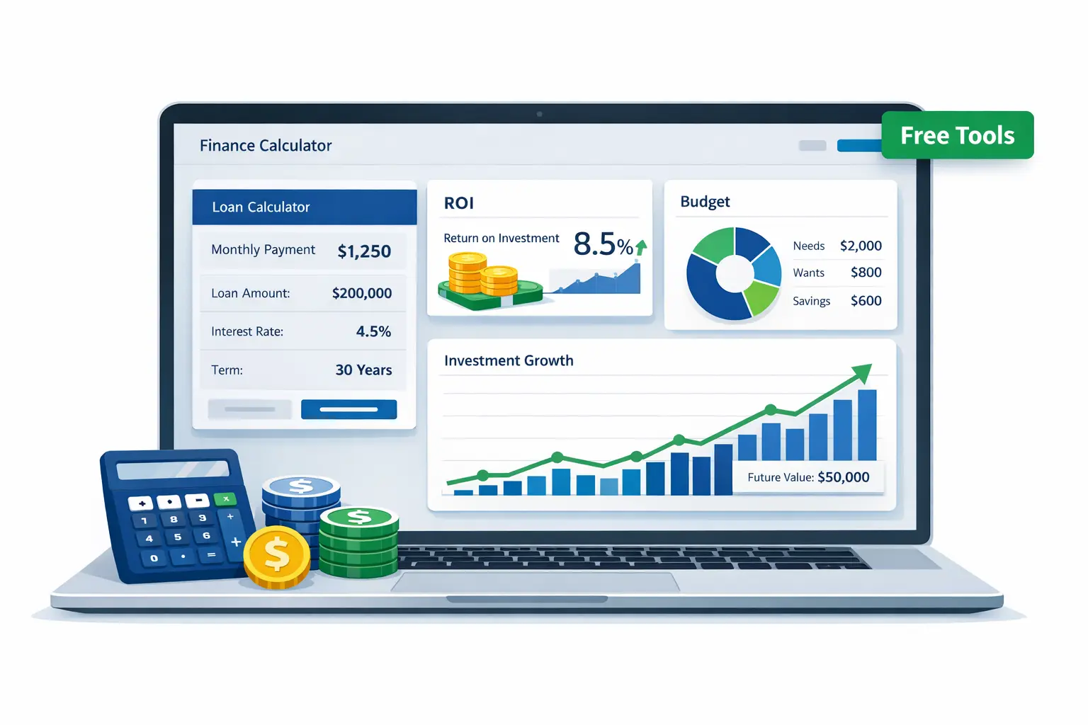 Finance calculators dashboard showing loan, ROI, budgeting and investment tools online