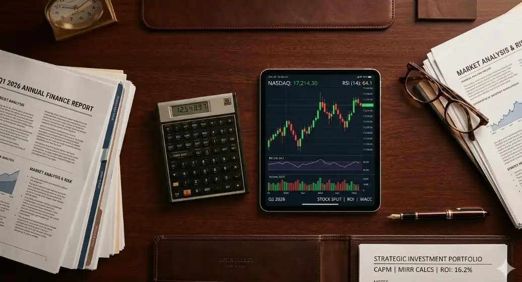 Professional finance and investment desk with a digital tablet showing stock market charts, a financial calculator, and ROI analysis reports.