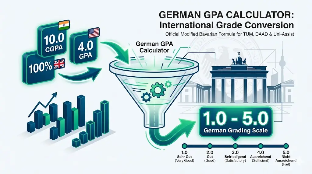 An infographic representing the German GPA calculator, showing international grades converting to the German 1.0 to 5.0 scale for university admissions.