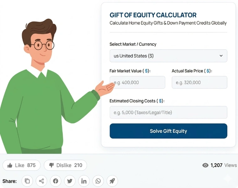 Gift of Equity Calculator interface. The tool features fields for Fair Market Value, Sale Price, and Closing Costs on a clean white background with a social engagement bar at the bottom."
