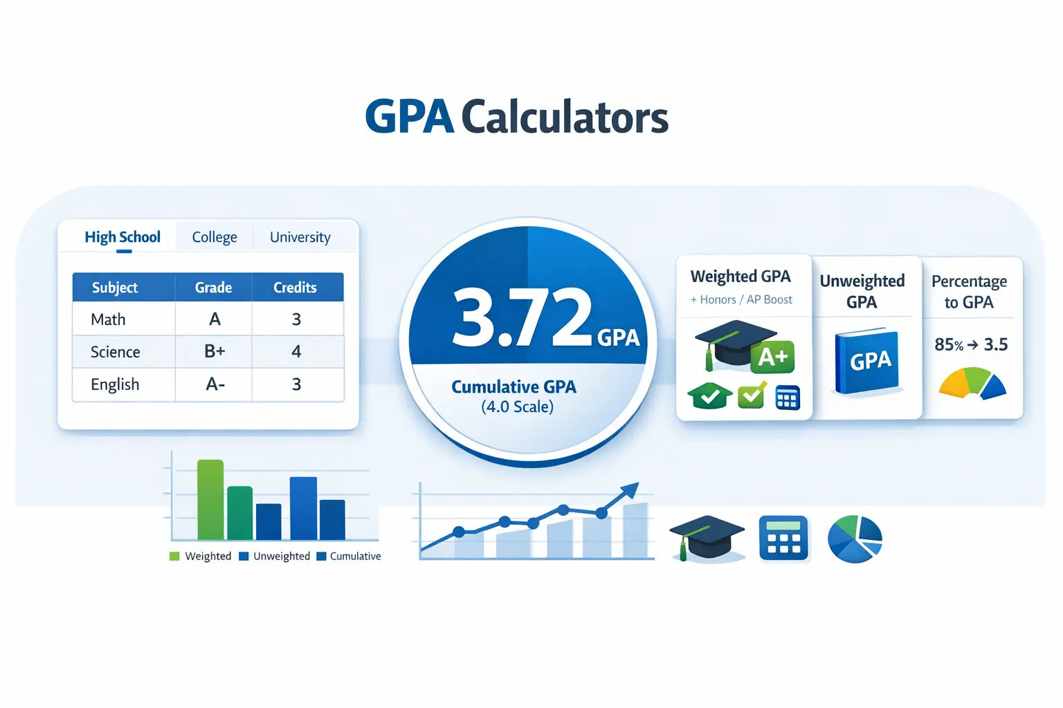 GPA calculators hub showing college high school cumulative and weighted GPA tools with grades credits and results