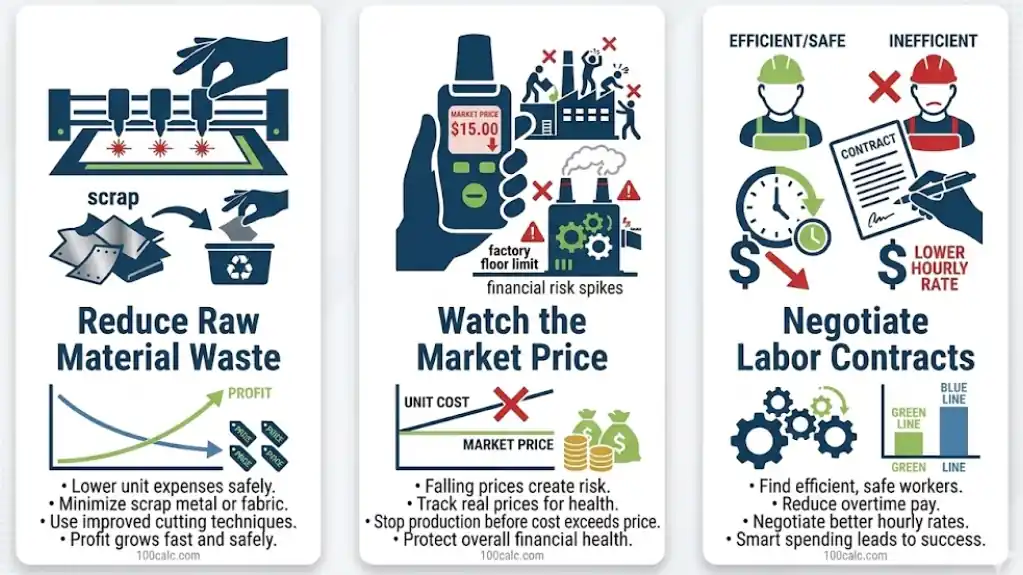 A three-card conceptual infographic by 100CALC.COM providing a guide on using an Average Variable Cost Calculator.