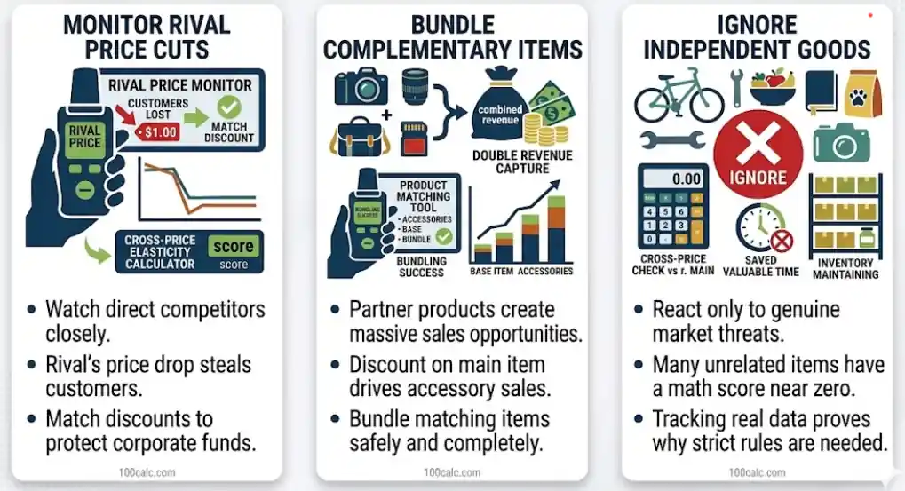 A three-panel infographic providing a conceptual step-by-step guide on how to calculate cross-price elasticity of demand.