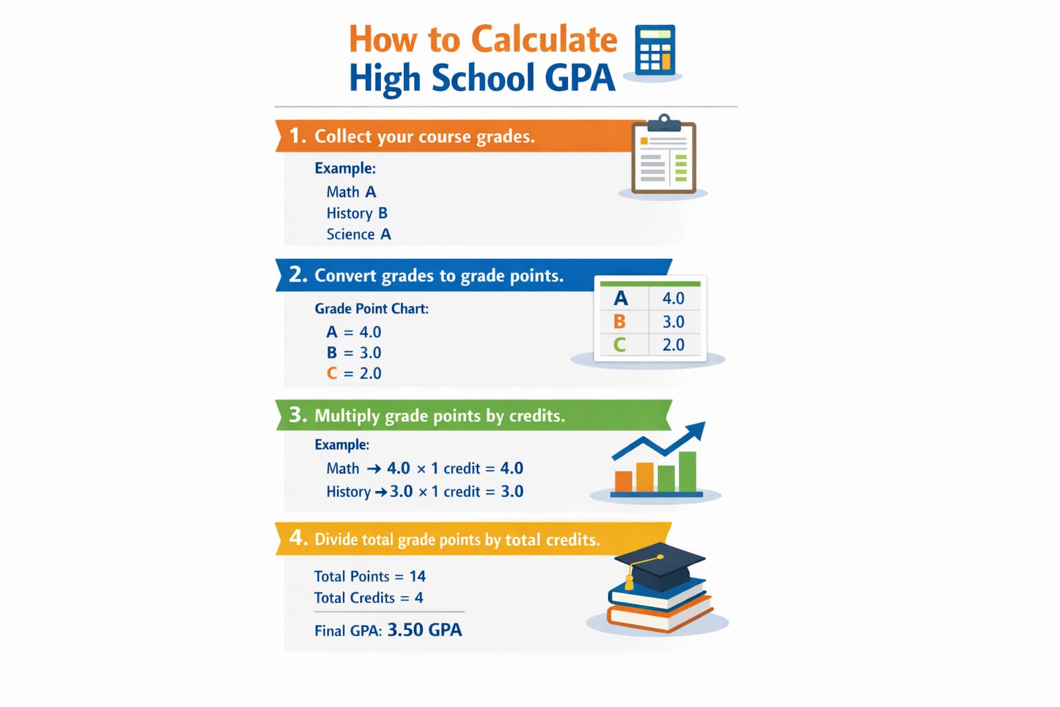 Step by step guide showing how to calculate high school GPA using grades and credit hours