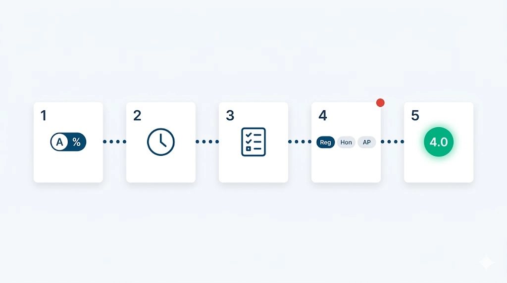 A 5-step 2D infographic showing how to use an unweighted GPA calculator, from selecting percentage formats and adding classes to analyzing your pure 4.0 academic rigor.