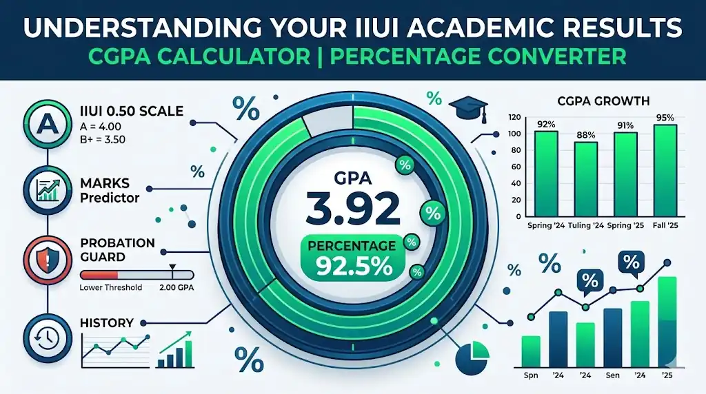 An infographic illustrating the IIUI CGPA Calculator, showing the official 0.50 absolute grading scale, percentage conversions, and academic probation safe zones.