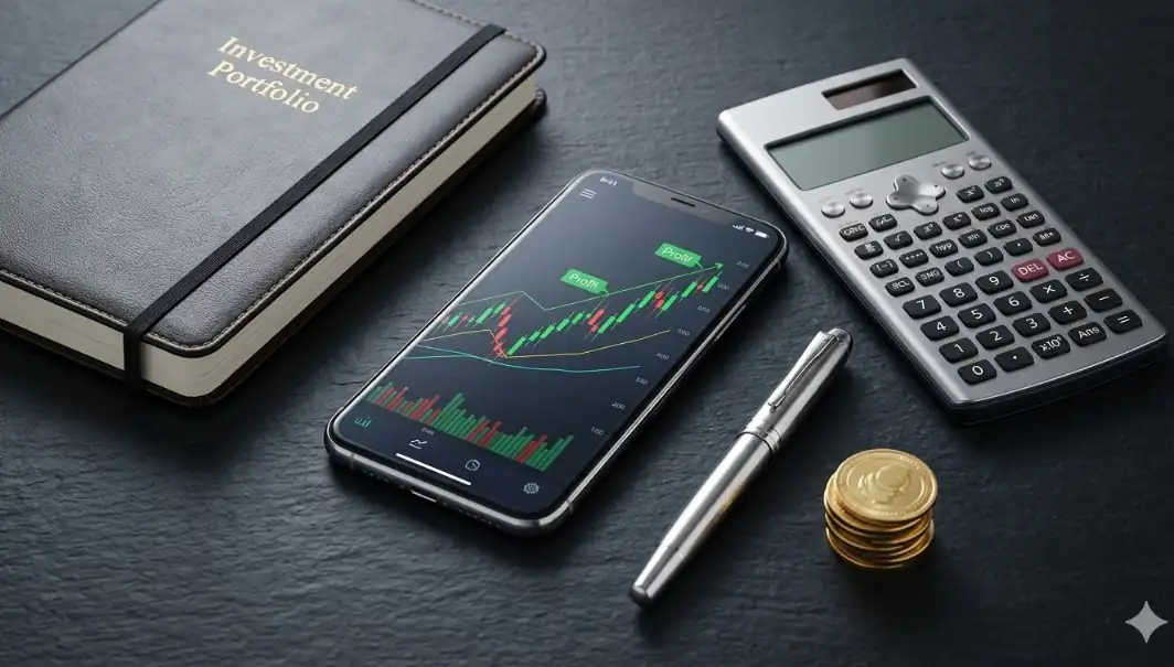 Professional investment desk with a smartphone showing stock market charts, a scientific calculator, and a wealth management portfolio.