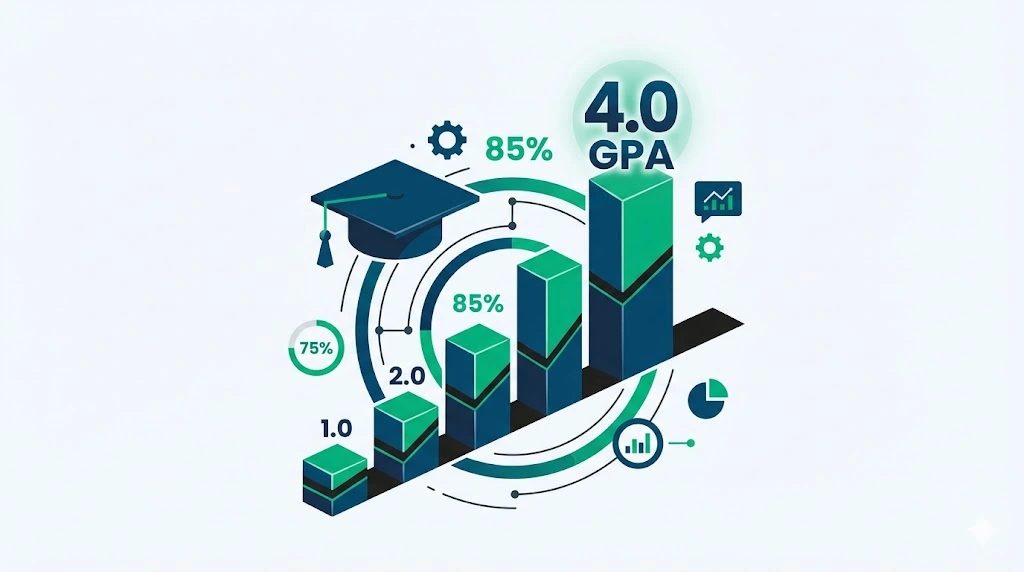 Karachi University CGPA Calculator - Infographic showing the UoK absolute grading system, 4.0 GPA scale, and semester percentage marks.