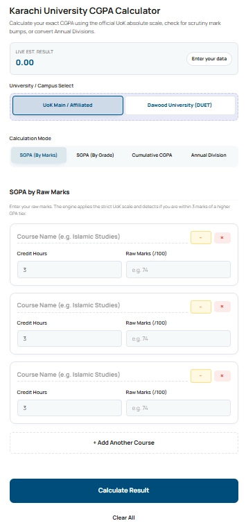 User interface screenshot of the Karachi University CGPA Calculator showing the course input fields, credit hours, and the final semester score results ticket.