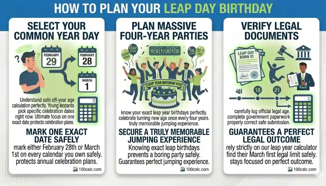An educational infographic from 100calc.com detailing three steps to planning a perfect Leap Day Birthday.