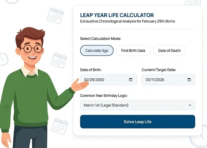 A professional feature graphic for the Leap Year Life Calculator with a mascot in a green sweater. The interface includes options to 'Calculate Age', 'Find Birth Date', and 'Date of Death' for February 29th borns, displayed on a clean white background.