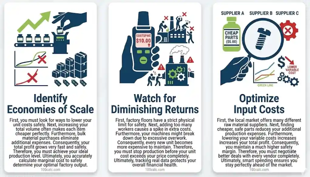 A three-panel business infographic by 100CALC.COM providing a conceptual guide to using a marginal cost function calculator for optimizing factory output.