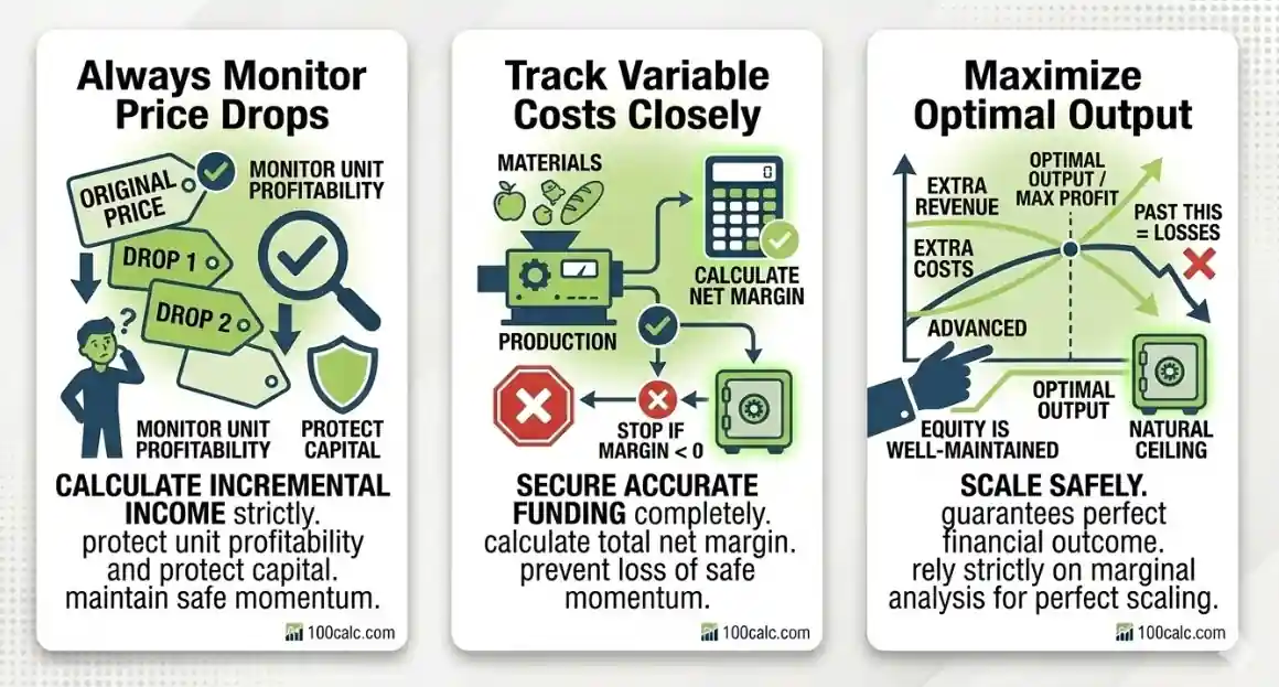 An educational infographic, designed for a (Marginal Revenue Calculator), divided into three detailed panels with minimal body text summaries and a discrete 100calc.com logo. The first panel advises analyzing how price changes demand and pricing power to avoid falling unit revenues entirely and protect capital. The second panel details monitoring marginal costs by knowing the material penalty to calculate MR vs MC, compare costs, and secure safe momentum. The third panel explains finding optimal output where marginal revenue equals marginal cost, max profit, with an advanced director figure, avoiding past this point losses, for perfect scaling near a natural ceiling. Each panel has dark blue and lime green icons, glowing halos, minimal concise Illustrative headers and outcome text. branded trustworthy. clean.