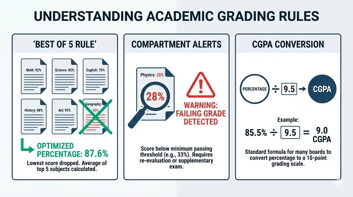 Educational infographic explaining the Best of Five rule, minimum passing marks, and CGPA conversion formulas.