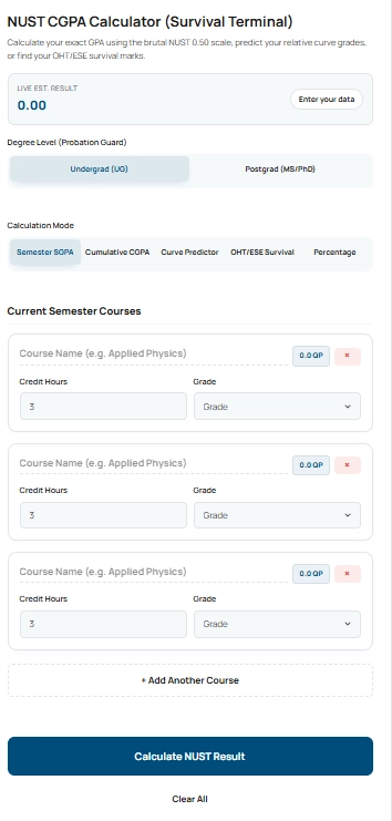 NUST CGPA calculator interface showing degree selection, calculation modes, and course data entry fields for accurate semester scoring.