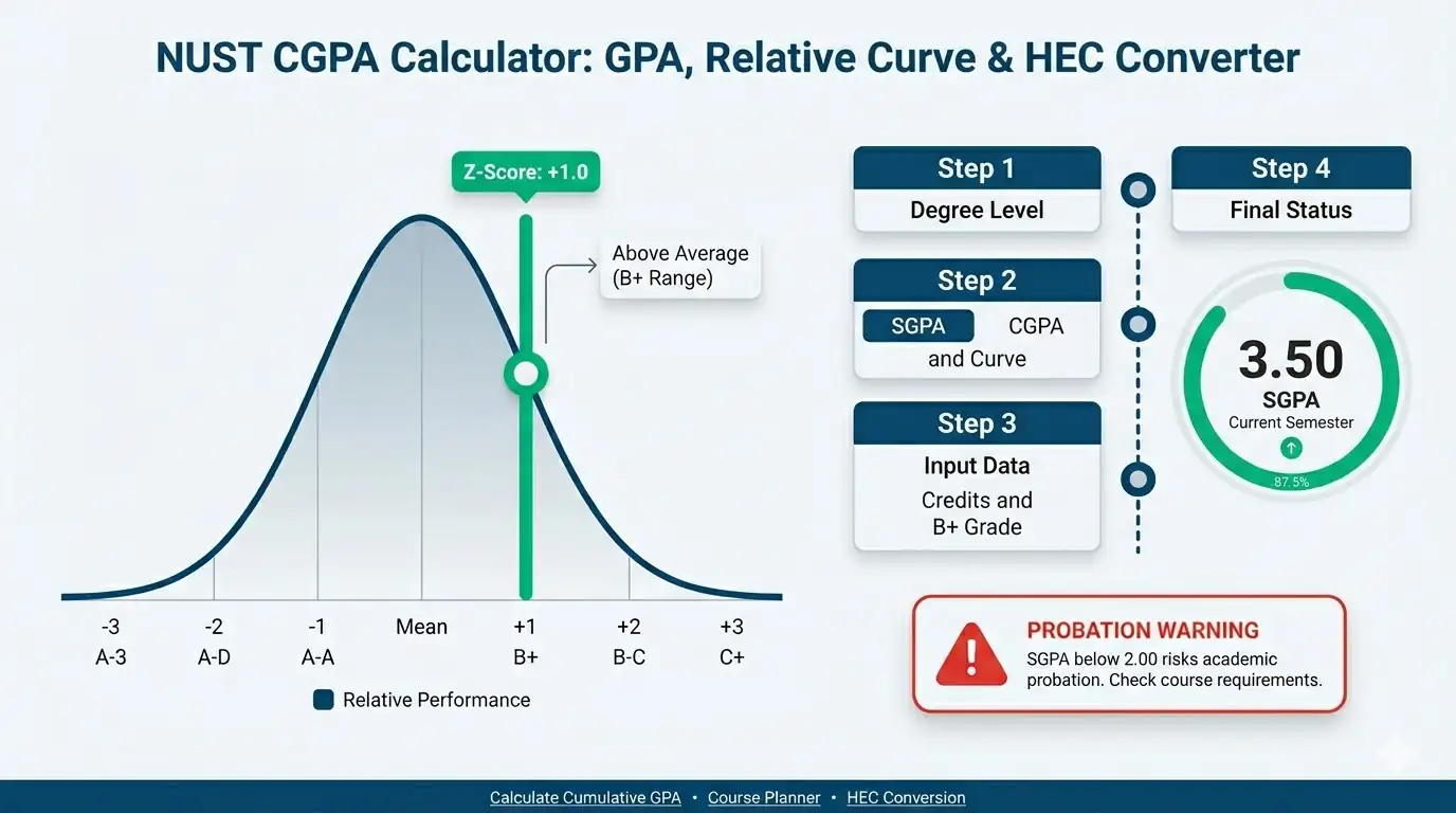 NUST CGPA calculator dashboard showing relative grading bell curve, semester GPA progress ring, and HEC percentage conversion.