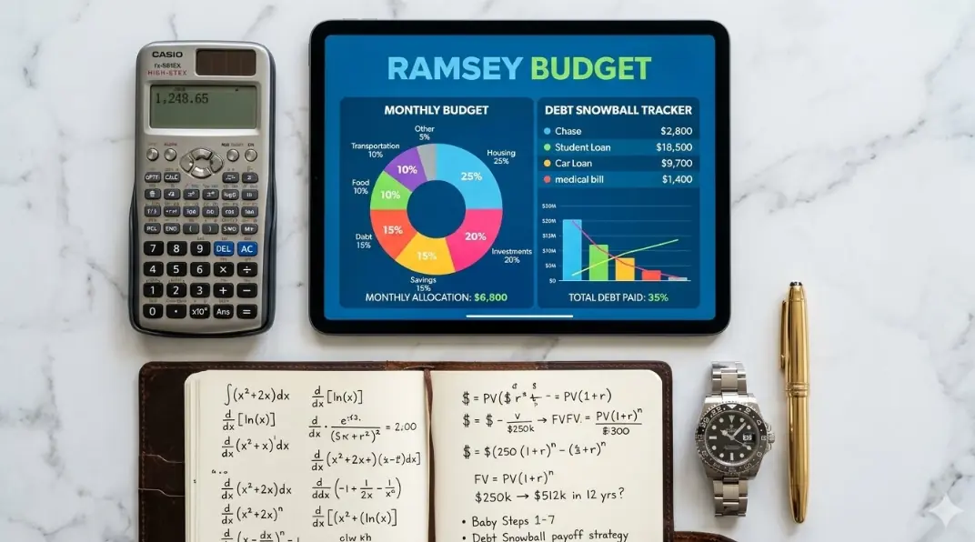 A professional personal finance workspace with a laptop displaying a budget chart, a scientific calculator, and a debt tracker portfolio on a white desk.