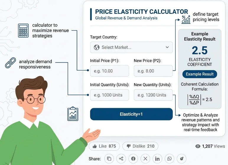 An advanced 2D illustration of the Price Elasticity of Demand Calculator interface on 100calc.com, featuring a male mascot in a green sweater, detailed icons for revenue strategies, and a sidebar showing the elasticity coefficient formula and results.