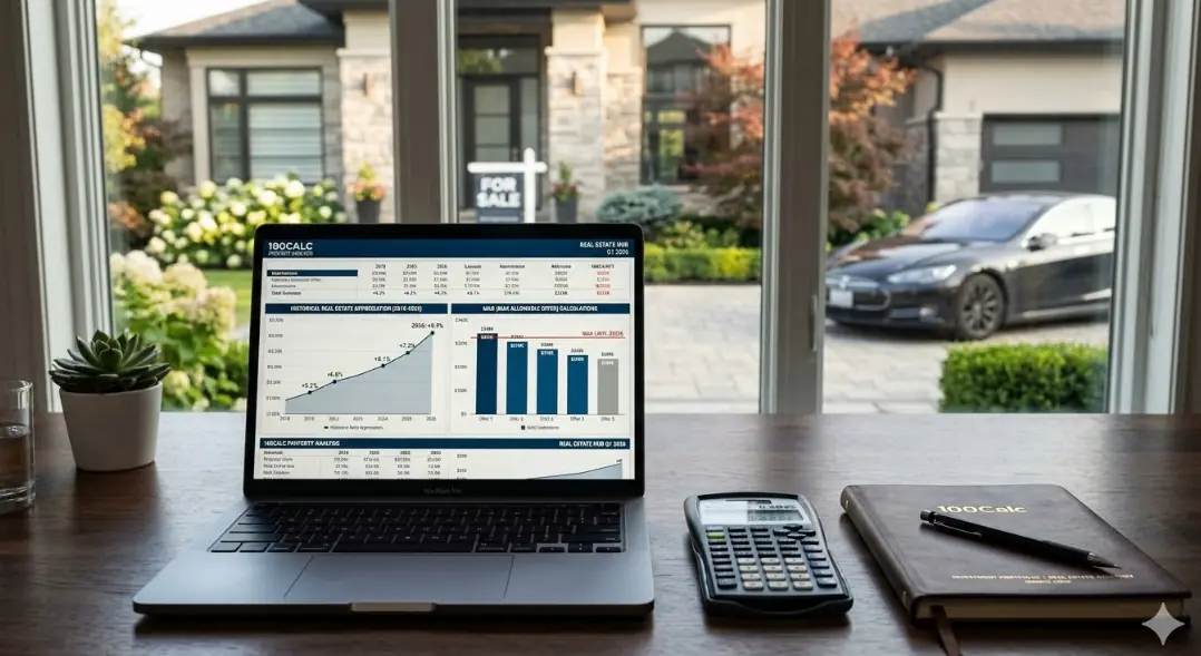 Professional real estate workstation with a laptop displaying a property dashboard, a scientific calculator, and an investment portfolio on a wood desk.