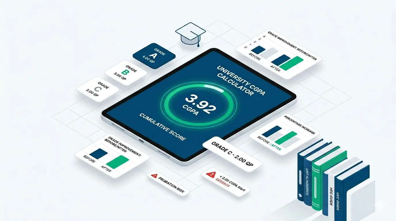 UAF CGPA Calculator interface showing live quality points, grade improvements, and academic standing for LMS UAF students on 100calc.com.